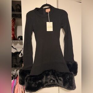 Show Me Your MuMu Black Mini Dress with Faux Fur Trim